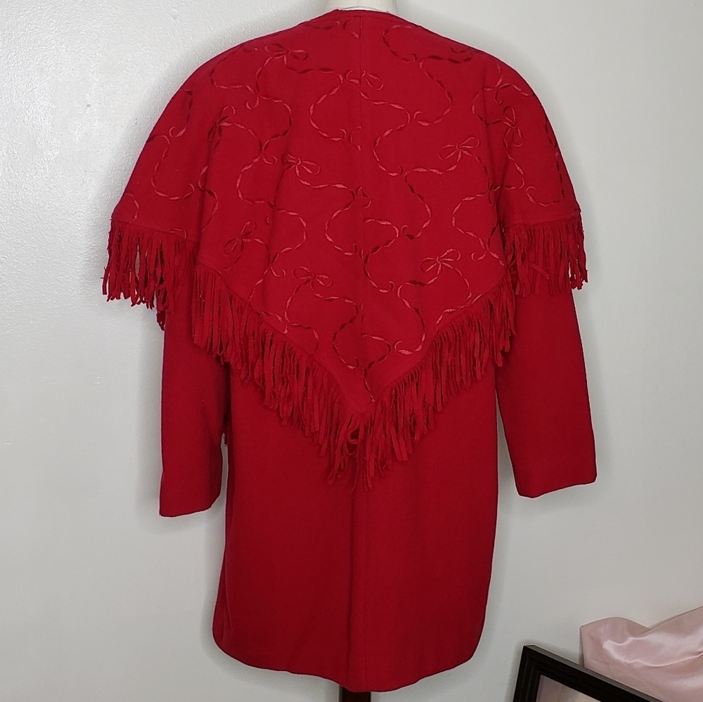 Vintage Red Wool Fringe Embroidered Pea Coat Western Bohemian Winter - Picture 9 of 16